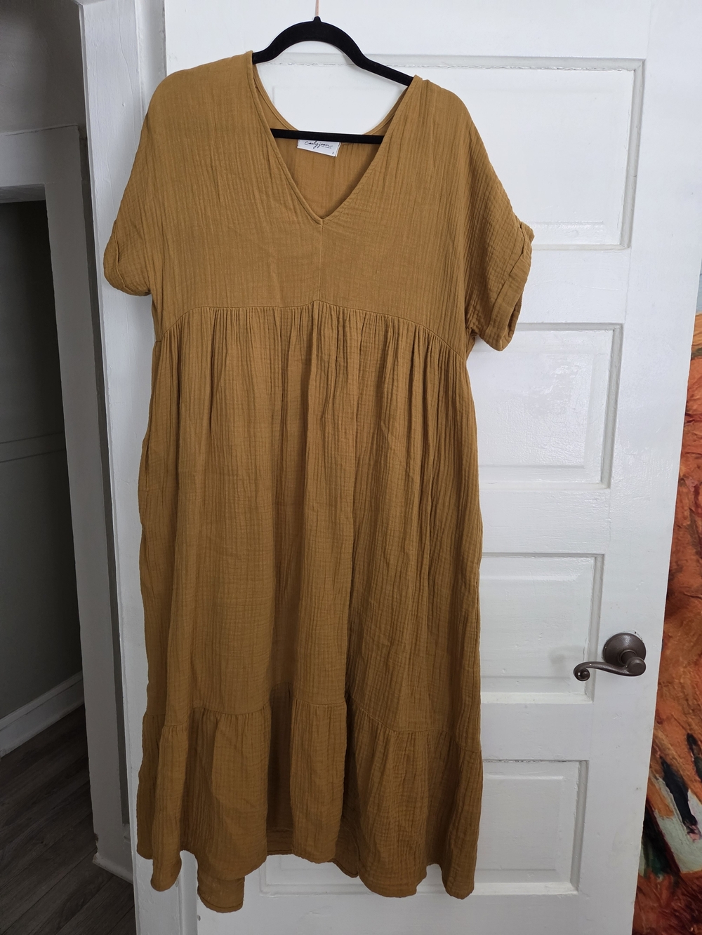 Carly Jean Los Angeles Mustard V-Neck Tiered Maxi Dress